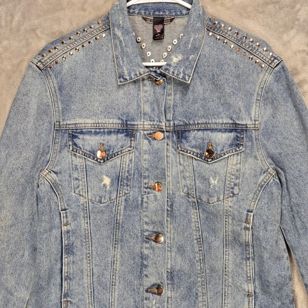 Victorias Secret Womens Medium Denim Jacket Studded Embellished Blue Jean Jacket - Picture 2 of 9